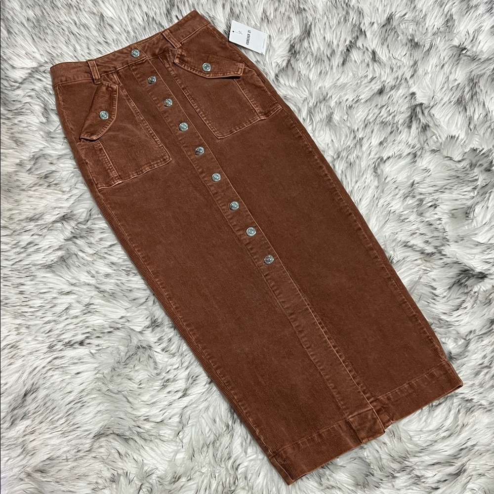 NWT Forever 21 Corduroy Button Down MIDI Pencil Skirt Praline Brown XS - Picture 3 of 12